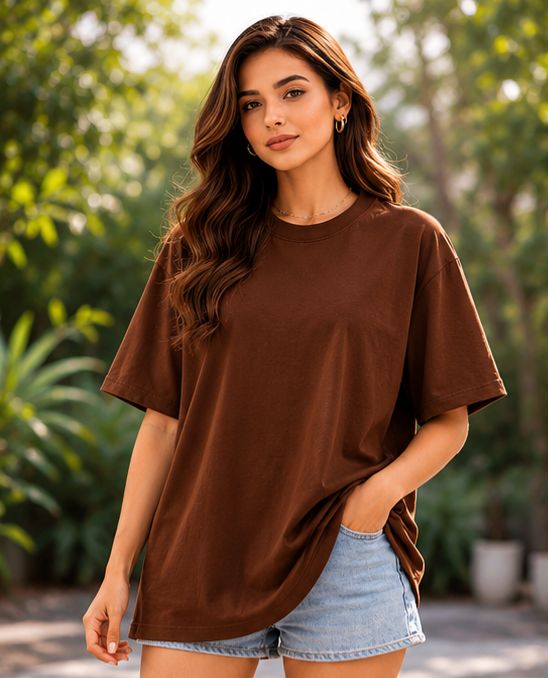 Sanvali Saloni Solid Women Round Neck Brown T-Shirt