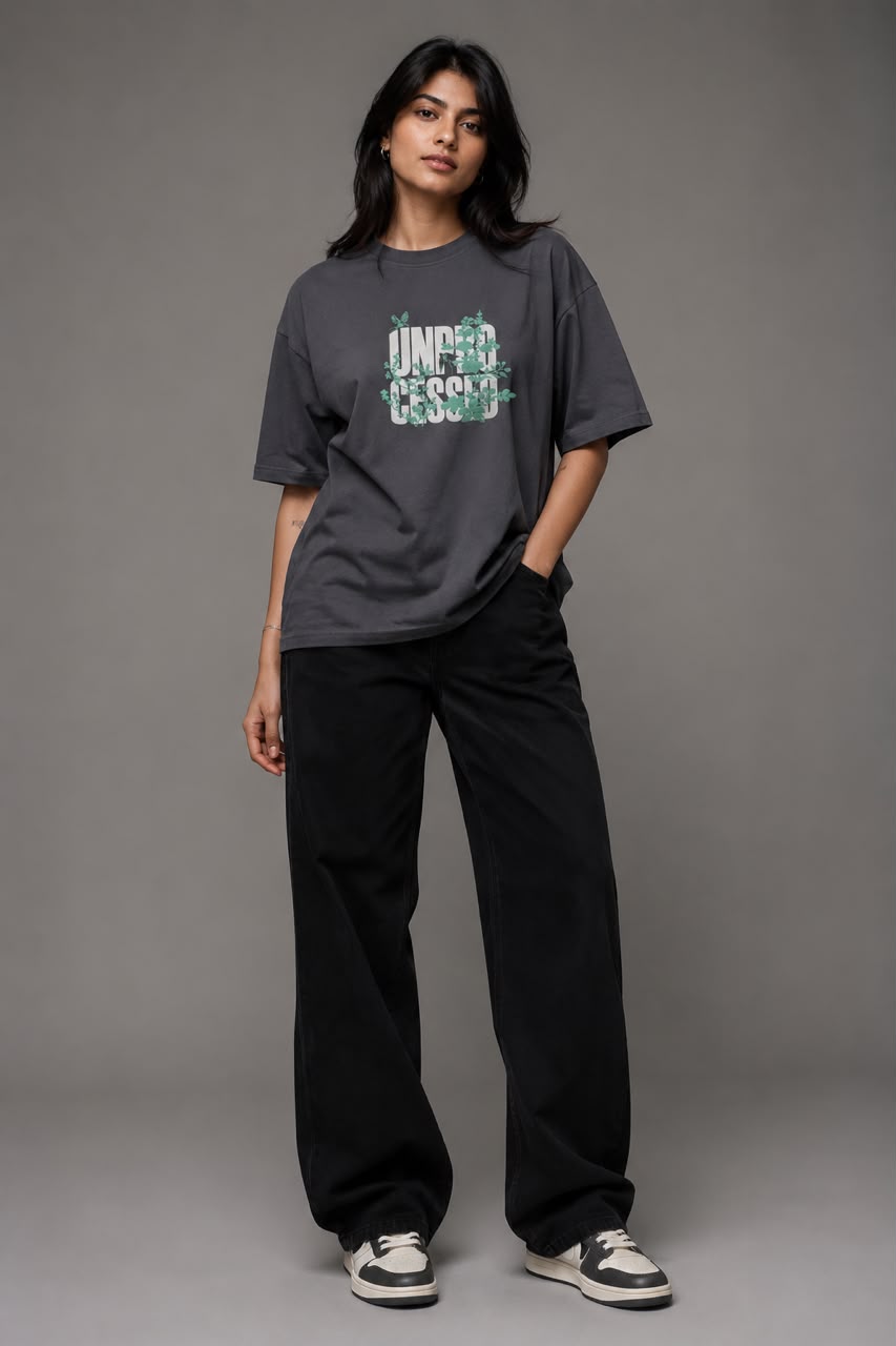 THREAD RARE Women’s Oversized T-Shirt | Lite GSM Organic Cotton | Drop Shoulder | Underdressed Graphic Print | Charcoal Grey