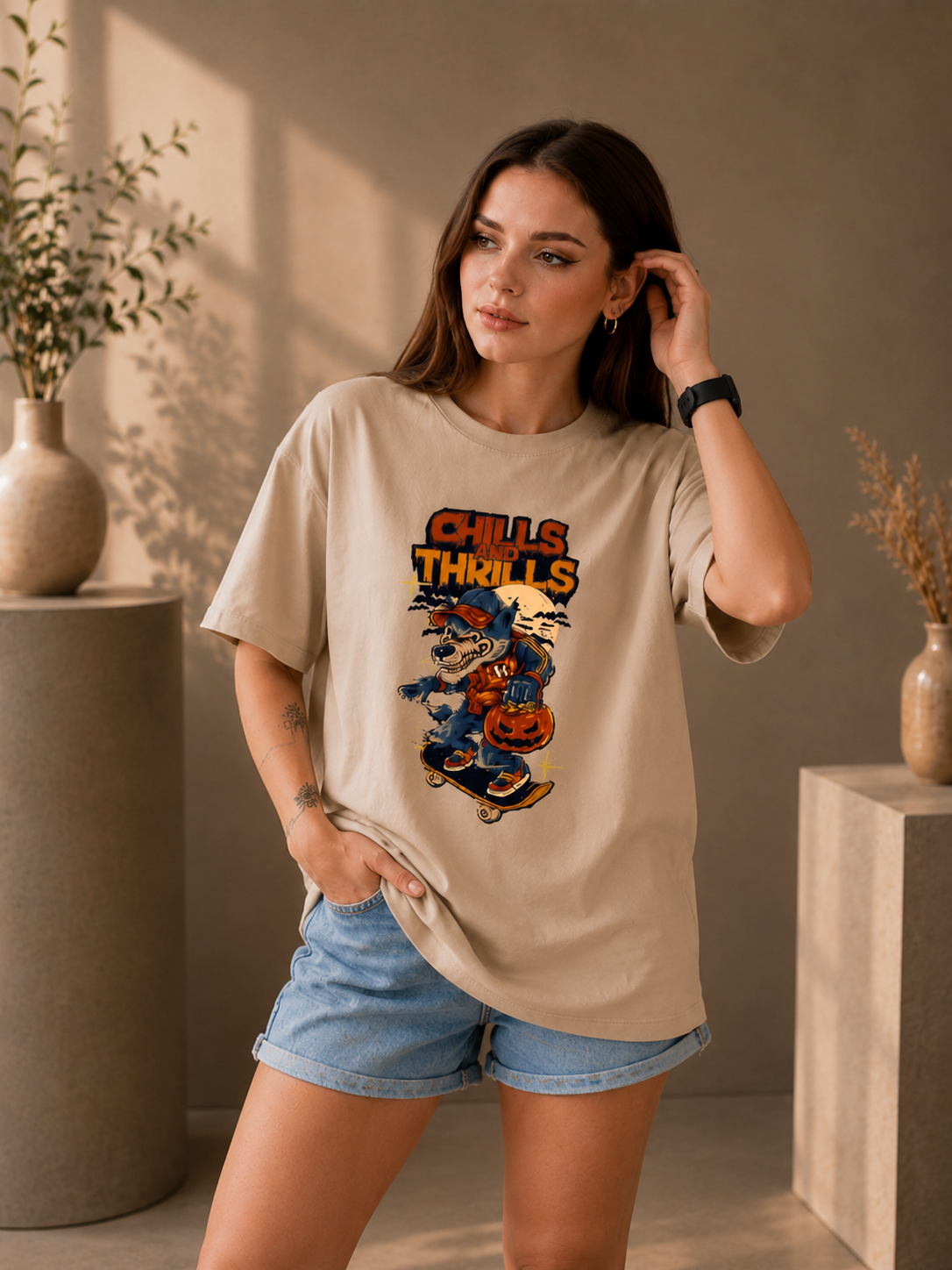 Sanvali Saloni Graphic Print Women Round Neck Beige T-Shirt