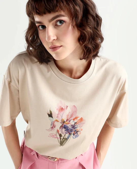 ZONE - BEIGE WATERCOLOUR FLORAL PRINT T-SHIRT