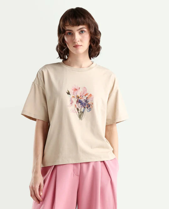 ZONE - BEIGE WATERCOLOUR FLORAL PRINT T-SHIRT