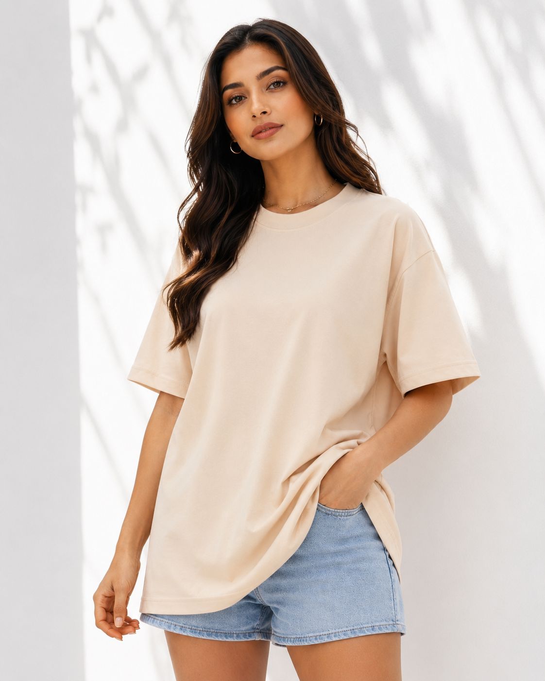Sanvali Saloni Plane Beige Oversized T-Shirt