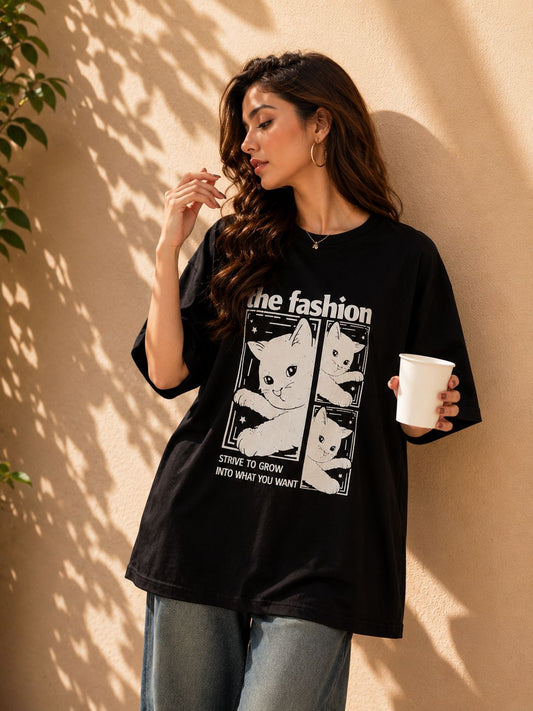 Veroconic Printed Women Round Neck Black Color T-Shirt
