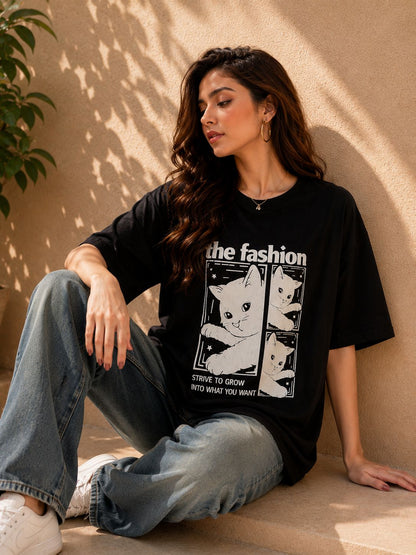 Veroconic Printed Women Round Neck Black Color T-Shirt