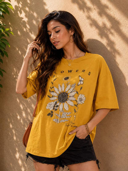 Veroconic Printed Women Round Neck Yellow Color T-Shirt