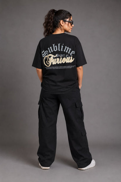 THREAD RARE Sublime Furious Oversized Drop Shoulder T-Shirt for Women | Lite GSM Organic Cotton | Black
