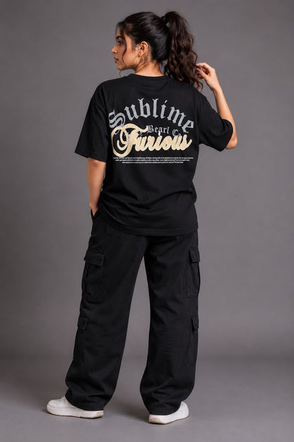 THREAD RARE Sublime Furious Oversized Drop Shoulder T-Shirt for Women | Lite GSM Organic Cotton | Black