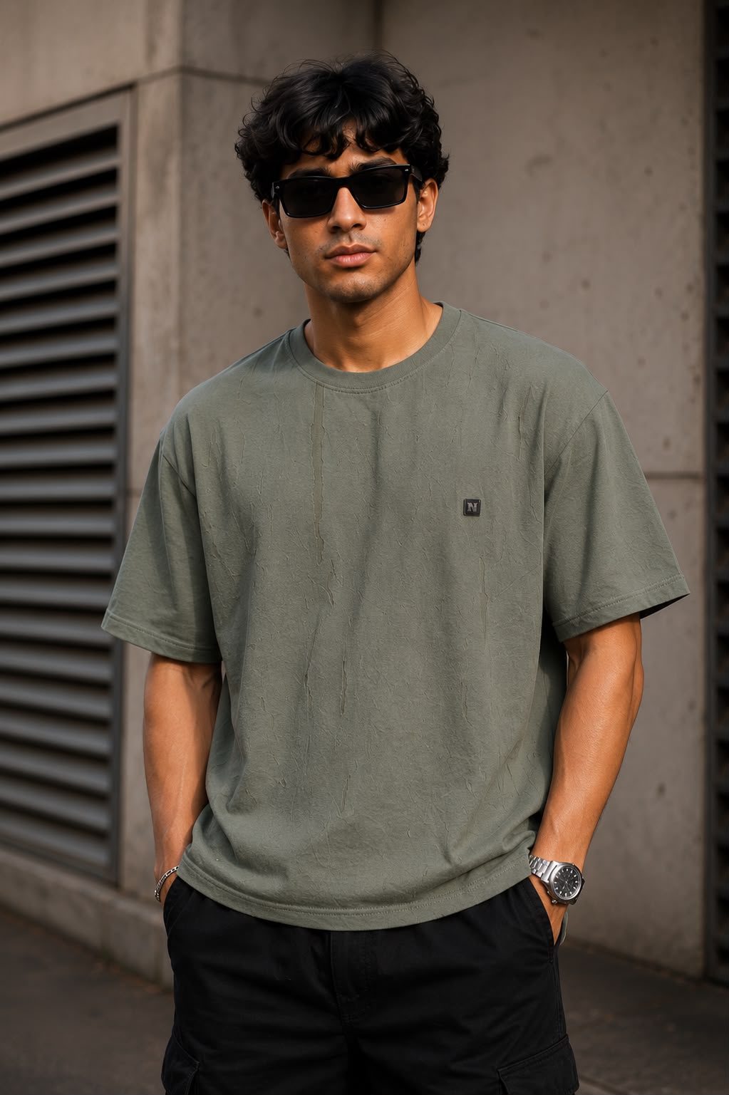 THREAD RARE Distressed Texture Oversized T-Shirt – Olive Grey