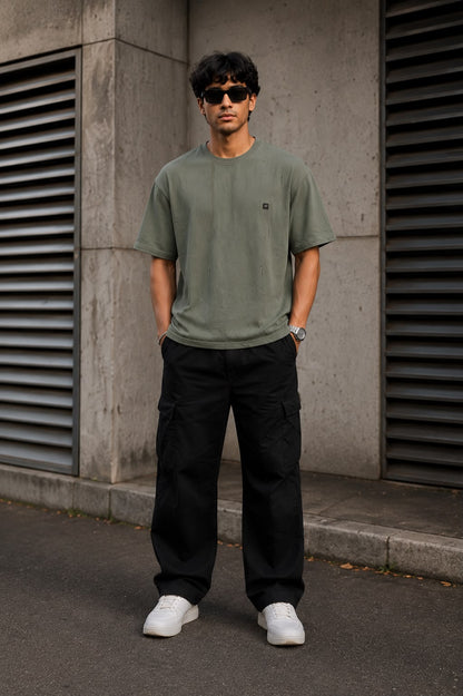 THREAD RARE Distressed Texture Oversized T-Shirt – Olive Grey