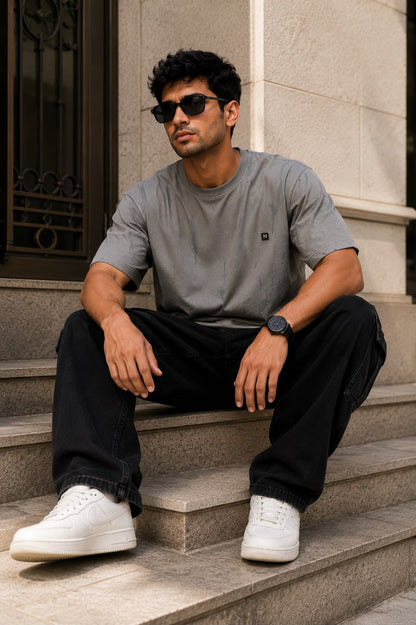 THREAD RARE Brasso Knit Oversized T-Shirt – Grey Distressed Texture Premium Streetwear