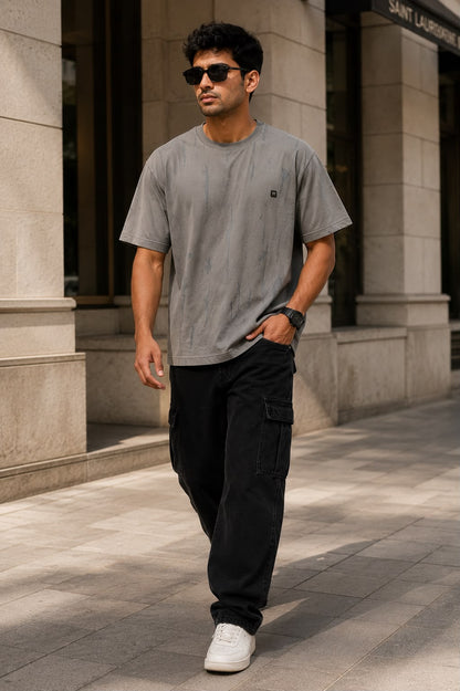 THREAD RARE Brasso Knit Oversized T-Shirt – Grey Distressed Texture Premium Streetwear