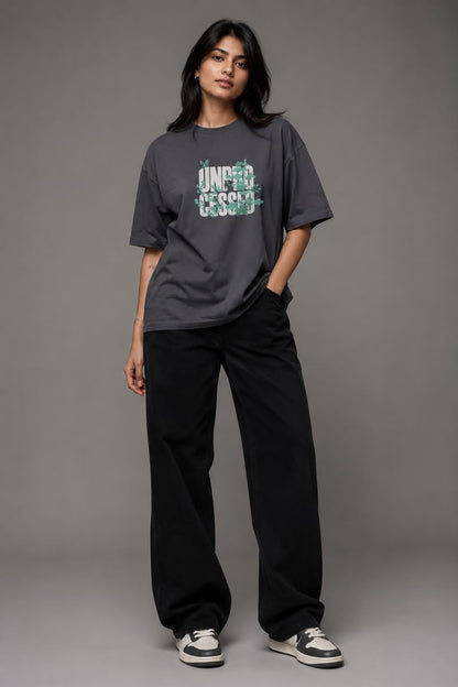 THREAD RARE Women’s Oversized T-Shirt | Lite GSM Organic Cotton | Drop Shoulder | Underdressed Graphic Print | Charcoal Grey