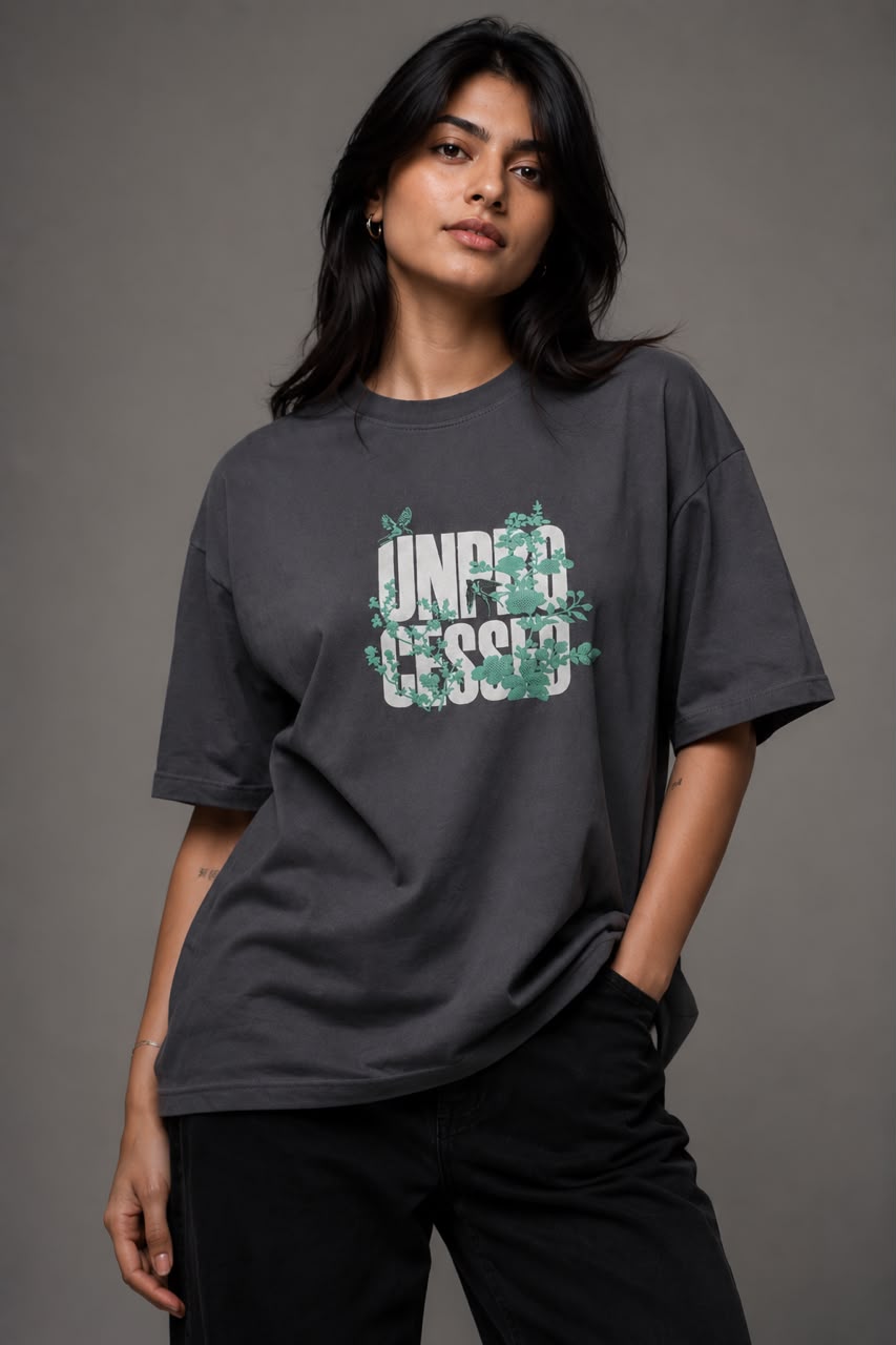 THREAD RARE Women’s Oversized T-Shirt | Lite GSM Organic Cotton | Drop Shoulder | Underdressed Graphic Print | Charcoal Grey