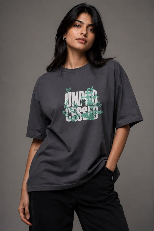 THREAD RARE Women’s Oversized T-Shirt | Lite GSM Organic Cotton | Drop Shoulder | Underdressed Graphic Print | Charcoal Grey