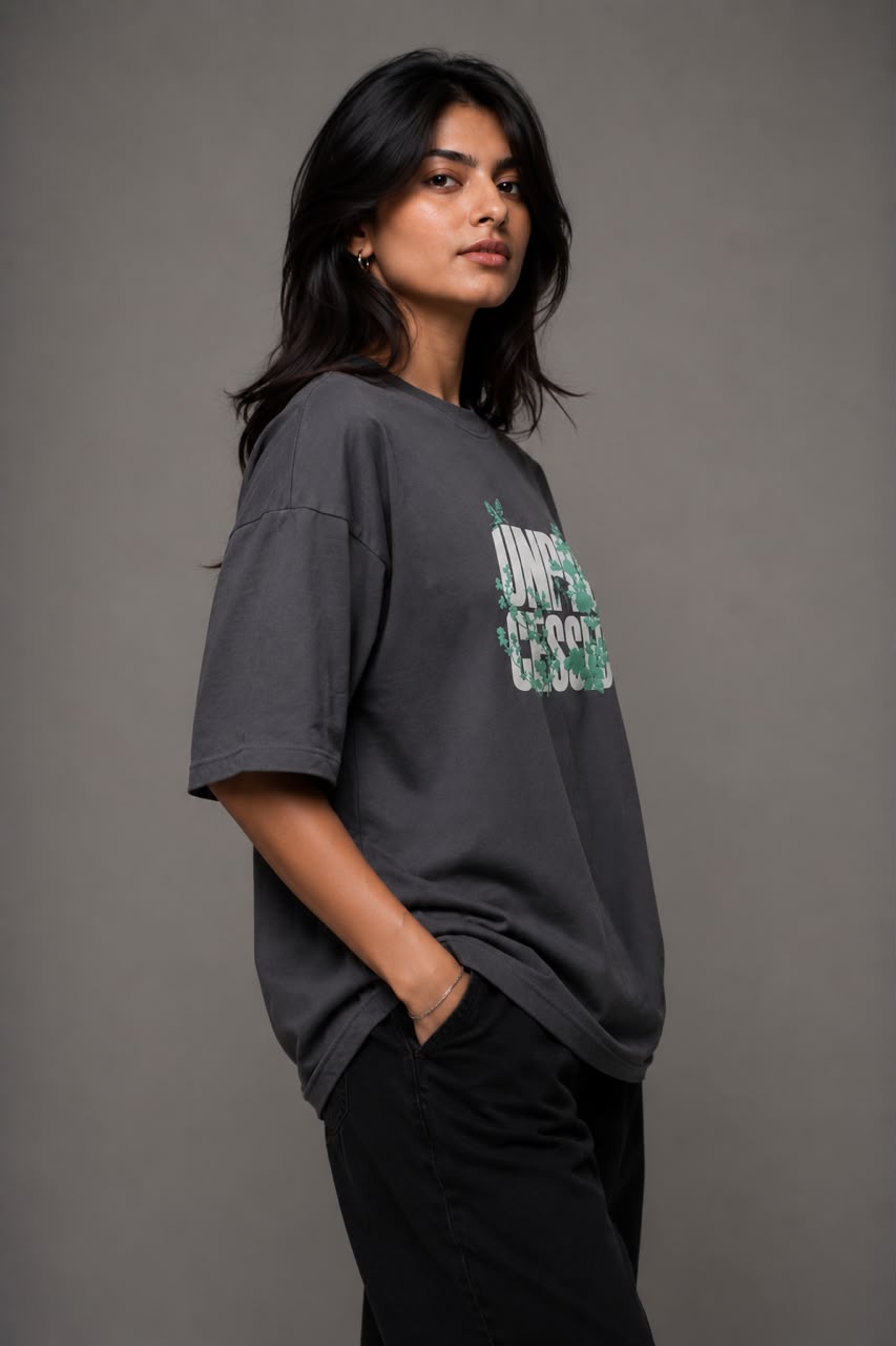 THREAD RARE Women’s Oversized T-Shirt | Lite GSM Organic Cotton | Drop Shoulder | Underdressed Graphic Print | Charcoal Grey