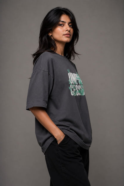 THREAD RARE Women’s Oversized T-Shirt | Lite GSM Organic Cotton | Drop Shoulder | Underdressed Graphic Print | Charcoal Grey
