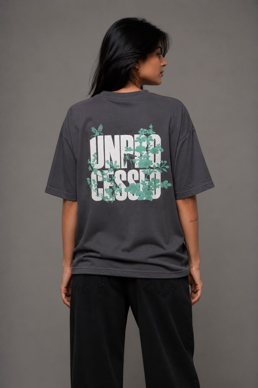THREAD RARE Women’s Oversized T-Shirt | Lite GSM Organic Cotton | Drop Shoulder | Underdressed Graphic Print | Charcoal Grey