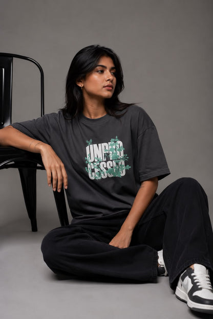 THREAD RARE Women’s Oversized T-Shirt | Lite GSM Organic Cotton | Drop Shoulder | Underdressed Graphic Print | Charcoal Grey