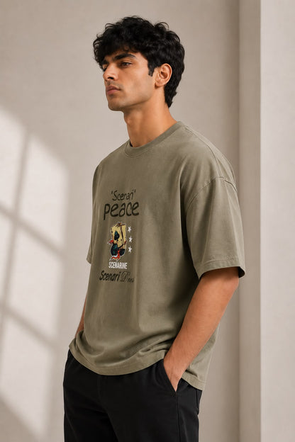 THREAD RARE Scenari Peace Oversized T-Shirt – Olive Green