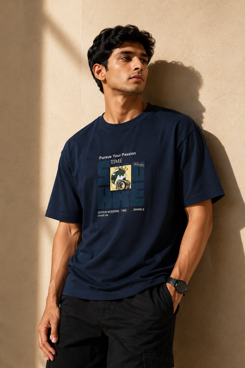 THREAD RARE Pursue Your Passion Oversized Graphic T-Shirt – Navy Blue